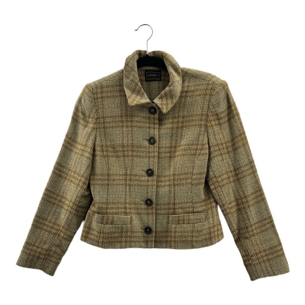 Louben Womens Jacket Coat Brown Glen Check Waist Length Buttons Pockets Collar M